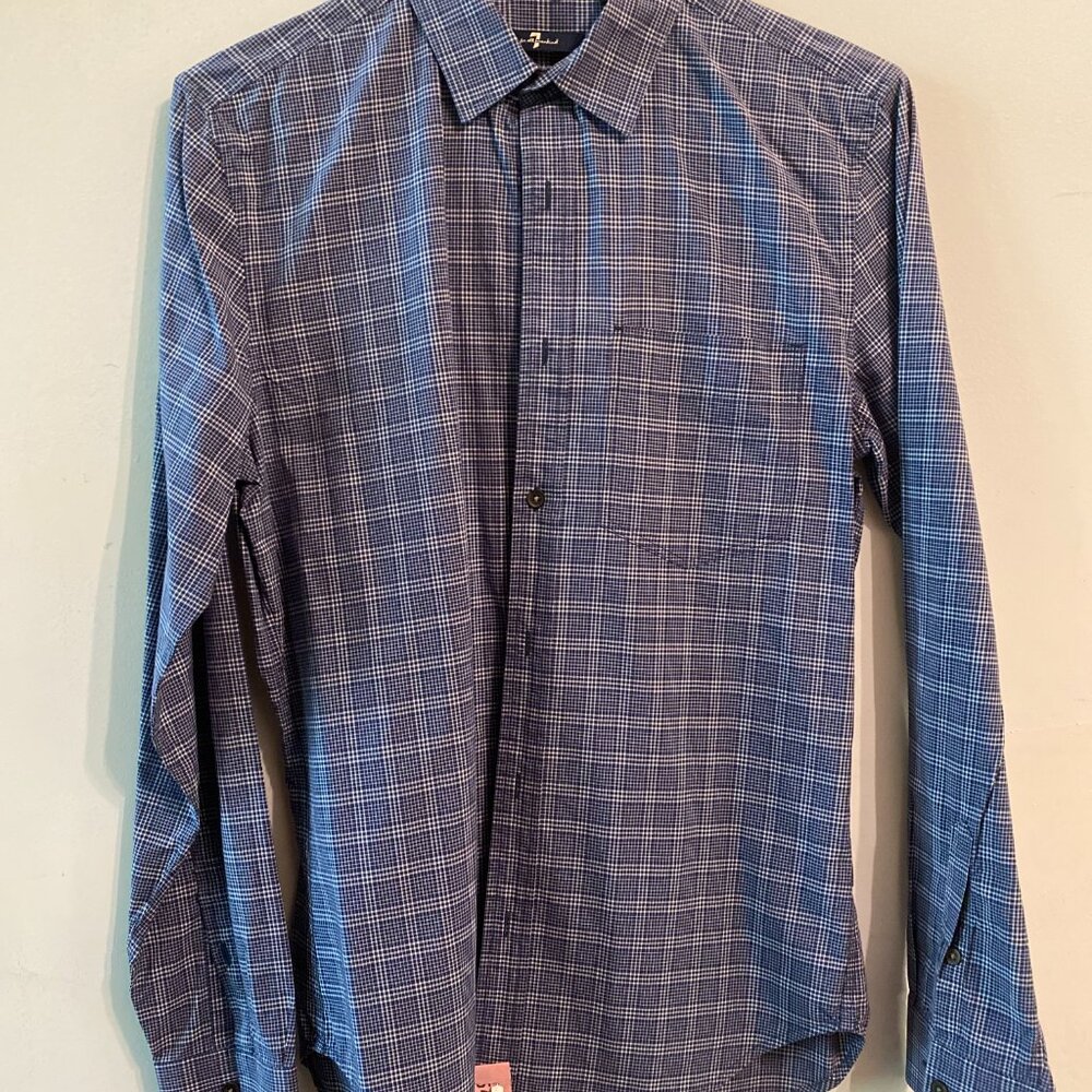 7 For All Mankind Shirt Size Small Long Sleeve Blue Plaid Button Up